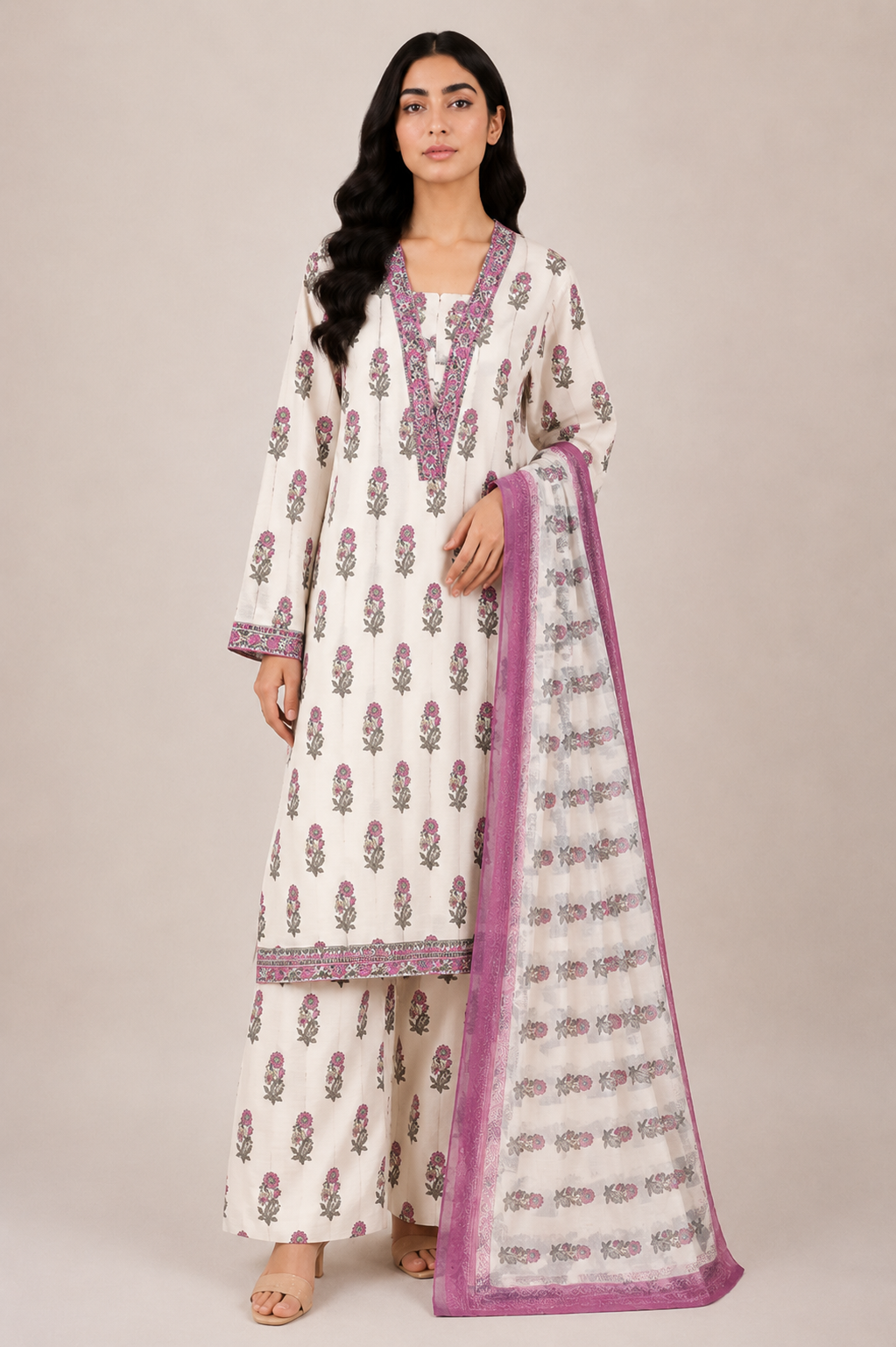 3 Piece Printed Lawn Suit for Women – Navy Blue Floral Design